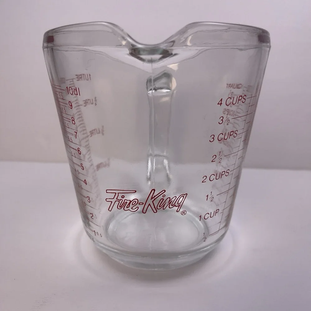 Vintage Fire King 4 Cup 1 Quart Clear Glass Measuring Cup #499 USA Red Letters